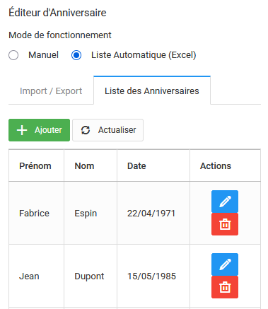Module Anniversaire Liste